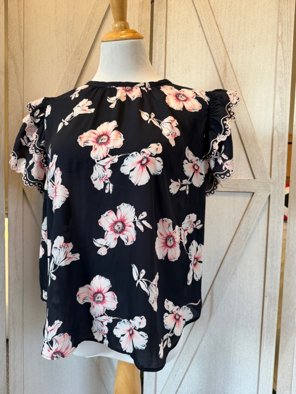 Ann Taylor Navy Floral Ruffle Sleeve Blouse